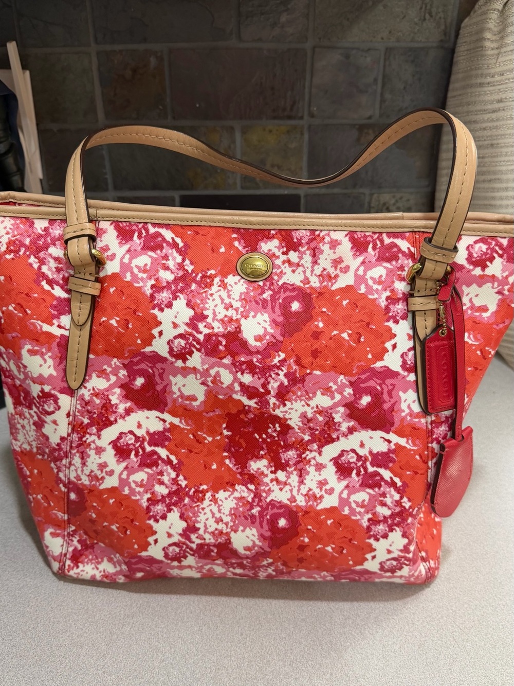 Coach Floral Tote in Orange, Pink & Cream with Tan Leather Trim